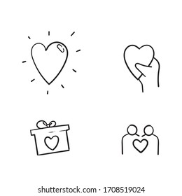 Hand Drawn Friendship And Love Line Icons. Interaction, Mutual Understanding And Assistance Business. Trust Handshake, Social Responsibility Icons. Doodle