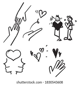 hand drawn Friendship and Love Vector Line Icons Set. Relationship, Mutual Understanding, Mutual Assistance, Interaction. doodle style