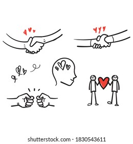 hand drawn Friendship and Love Vector Line Icons Set. Relationship, Mutual Understanding, Mutual Assistance, Interaction. doodle style