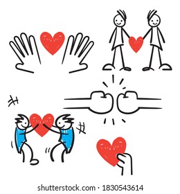 hand drawn Friendship and Love Vector Line Icons Set. Relationship, Mutual Understanding, Mutual Assistance, Interaction. doodle style