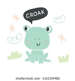 Hand drawn frog with lettering on the lake illustration vector. Trendy scandinavian vector illustration. Perfect for kids apparel,fabric, textile, nursery decoration,wrapping paper