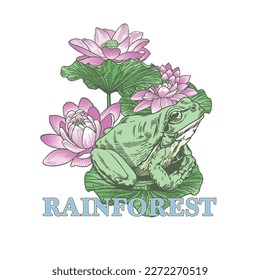 HAND DRAWN FROG RAINFOREST POND NATURE LILY PAD ANIMAL WILDLIFE ILLUSTRATION TYPOGRAPHY VINTAGE TSHIRT TEE PRINT FOR APPAREL MERCHANDISE