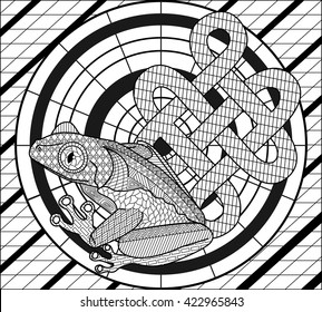 Hand drawn frog and a symbol of good luck and happiness. Doodle, pattern, ornament. Coloring - zendala, design for spiritual vacations for adults, vector illustration. White, black