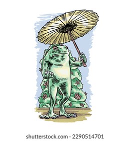 HAND DRAWN FROG UMBRELLA AMPHIBIAN ANIMAL CUTE FLOWER BUSH OUTDOORS PRETTY SWEET VINTAGE TSHIRT TEE PRINT FOR APPAREL MERCHANDISE