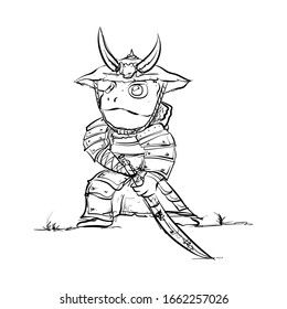 hand drawn frog warior cartoon . line drawing frog for coloring book. Doodle art. sketch frog katana