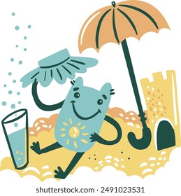 Hand Drawn froggy on the beach with umbrella and sandcastle
