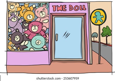 Hand drawn front view Doll shop and teddy bear vector