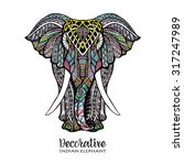 Hand drawn front view elephant with colored ornament vector illustration
