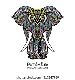 Hand drawn front view elephant with colored ornament vector illustration svg
