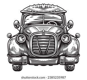 Hand drawn front view of a retro car in black and white style. Vintage transport, sketch vector illustration