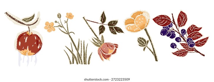 Elementos de flora congelados dibujados a mano con flores, bayas y plantas cubiertas de hielo aisladas sobre fondo blanco. La ilustración representa la naturaleza del invierno, la belleza de la estación fría y el concepto congelado