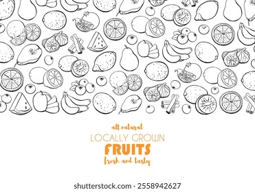 Hand drawn fruit background with place for your text. Food menu design template. Food top view vector illustration. Healthy eating banner for farm market, food market, restaurants