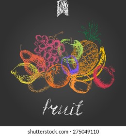 Hand drawn fruit background. Vintage colored chalk grungy sketch on blackboard. Apple, plum, kiwi, pineapple, banana, lemon, pomegranate, pear, orange, apricot  for juice menu or cover design 