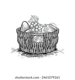 Handgezeichneter Obstkorb und Obst-Kollektion-Illustration