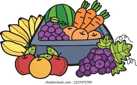 Hand Drawn fruit basket illustration in doodle style isolated on background