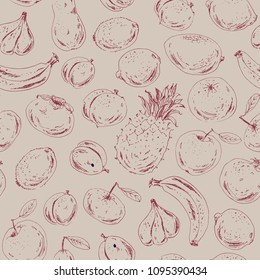 Hand drawn fruit  and berry seamless pattern. Ink sketch apple, orange, plum, apricot, lemon, fig, banana, pineapple, kiwi, mango, persimmon on brown craft paper. For food background design.