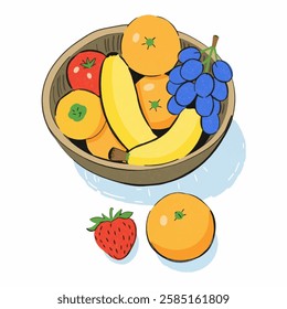 Hand Drawn Fruit Bowl with Orange, Grape, Apple, Banana, and Strawberry A fruit bowl illustration featuring a mix of fresh fruits, creating a vibrant and healthy composition.