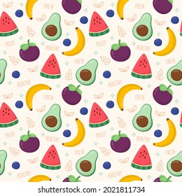 Mano dibujada de aguacate de colección de frutas, plátano, mangostino, sandía de fondo de patrón sin soldadura
