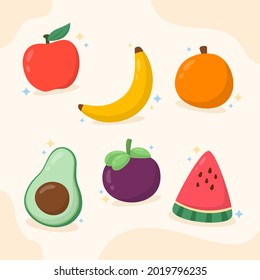 Hand drawn of fruit collection include apple, banana, orange, avocado, mangosteen, watermelon background vector stock