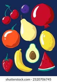 Hand drawn fruit, flat illustration of cherry, blue barry, pomegrante, orange, pear, lemon, strawberry, banana, avocado and watermelon suitable for poster, fler, clothing design and many more