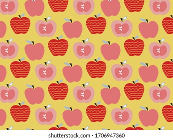 Ilustración de fruta hecha a mano. Diferentes manzanas en un fondo amarillo. Patrón de doodle de superficie.