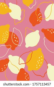 Hand drawn fruit illustration. Multicolored lemons and shapes on a pink background. Surface doodle pattern.