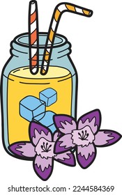 Hand Drawn Fruit juice with butterfly pea flowers illustration isolated on background 