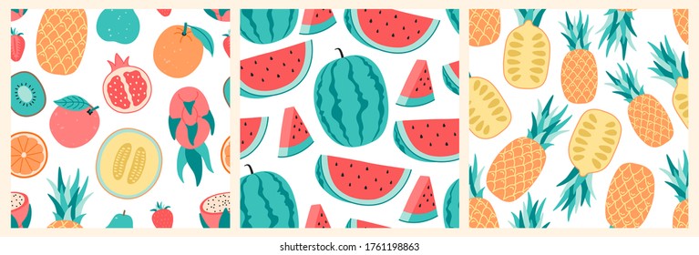Hand drawn fruit in jungle. Exotic set of three tropical seamless pattern on isolated dark background. 