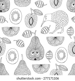 Hand drawn fruit and kiwi seamless pattern. Vector illustration.