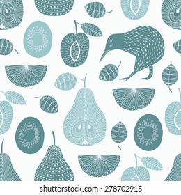 Hand drawn fruit and kiwi seamless pattern. Vector illustration.