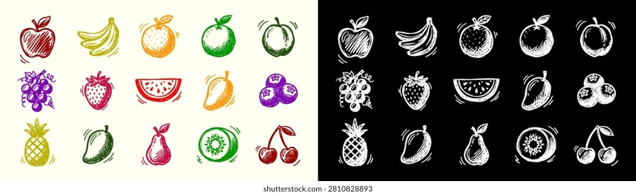 Hand Drawn Fruit Logo Elements Set Sketch Icon Vector Doodles Colorful and Chalkboard Style for Organic Food Brand Identity Juices Smoothies Cafe Business Graphic Design Templates