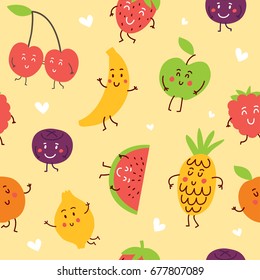 Hand drawn fruit pattern. Banana, cherry, lemon, blueberries, raspberries, apple, pineapple, watermelon, strawberry, orange. Vector illustration