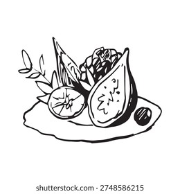 Hand drawn fruit plate sketch, sliced fig with lemon, olive and herbs on rustic plate, Mediterranean food still life, line art black ink isolated on white background