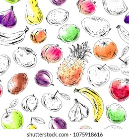 Hand drawn fruit seamless pattern. Ink and watercolor stain sketch lemon, apple, persimmon, plum, peach, mango, fig, lime, pineapple, banana, apricot, pear, kiwi, tangerine, pomegranate.