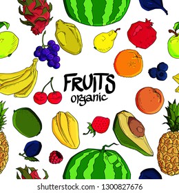 Hand drawn fruit seamless pattern. Healthy food Frutis organic