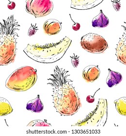 Hand drawn fruit seamless pattern. Ink and watercolor sketch pineapple, fig, apricot, kiwi, melon, cherry, blackberry, peach, lemon. For food background design.