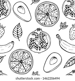 Hand drawn fruit seamless pattern. Natural food sketch. Vector outline background.