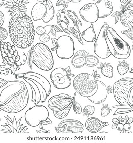 Hand drawn fruit seamless pattern. Background with exotic tropical fruits ink sketch. Engraving ripe berries and fruits print for textiles, paper, packaging, vector graphics