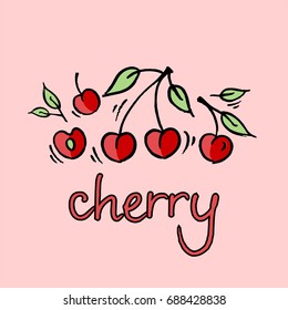 Hand drawn fruit seamless pattern with inscription Cherry. Healthy food vegan concept. Vector background, vector logo.