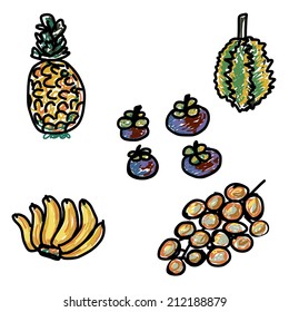 hand drawn fruit set, illustration of thai fruits set 