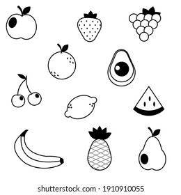 Hand drawn fruit set. Isolated on white. Organic food outline.