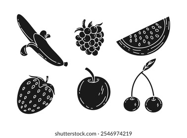 Conjunto de frutas dibujado a mano aislado sobre fondo blanco