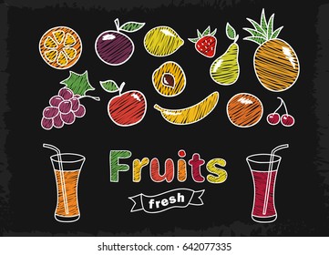 Hand drawn fruit set and juice