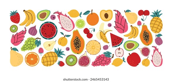 Hand drawn fruit set. Vector various fruits and berries. Banana, kiwi, pineapple, pear, lemon, avocado. Horizontal banner with white isolated background.  