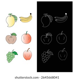 Esboço de fruta desenhado à mão. Morango banana abacaxi framboesa melão pêssego manga uvas damasco maçã conjunto isolado vetor ilustração