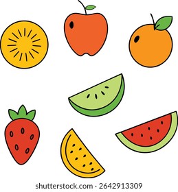 hand drawn fruit slice vector art illustrations in doodle style.