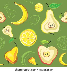 Hand drawn fruit vector seamless pattern on green background. Apple, pear, banana and lemon. Textile print, wallpaper, wrapping paper.