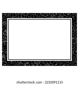 hand drawn fruit, vegetable, nut symbols in frame. doodle fruit, vegetable, nut symbols in horizontal frame. menu frame concept for restaurant, cafe