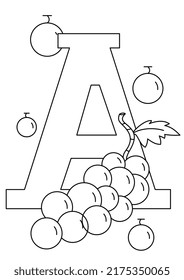 handgezeichneter Obstwein mit Alphabet zur Färbung der Seite oder des Buches