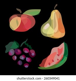 Hand drawn fruits: apple, pear, watermelon, grape. Vegetables vector illustration, doodle design. Watercolor imitation. Cute fruit background. Hand drawn fruit icons. 